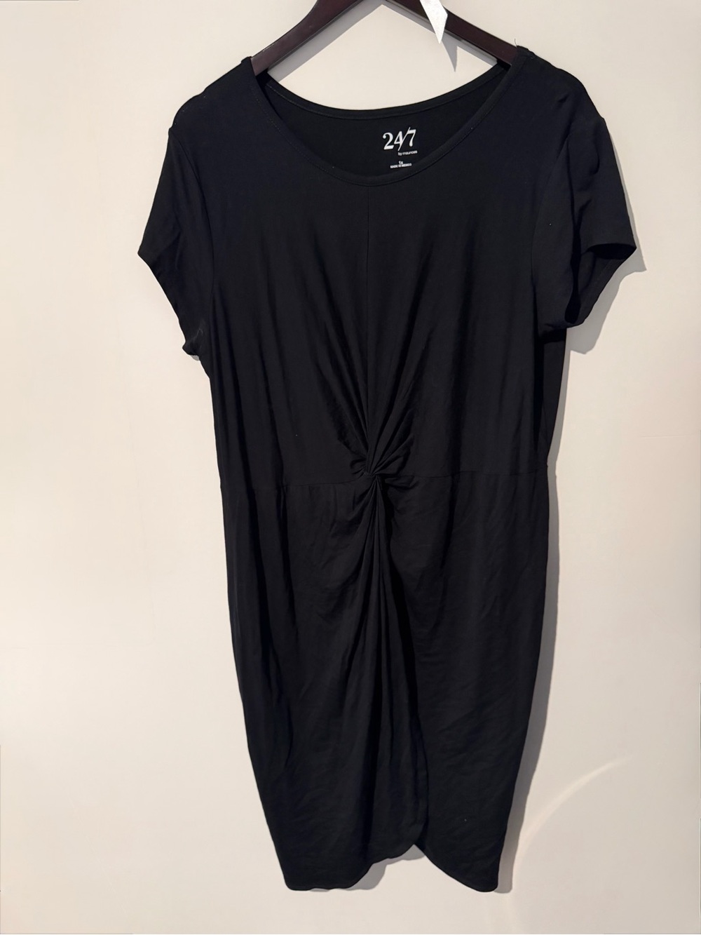 Black cotton short sleeve knotted midi dress